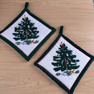 Vtg Linen Embroidered Potholders‎ Christmas Tree Cottagecore Traditional 80s Nos
